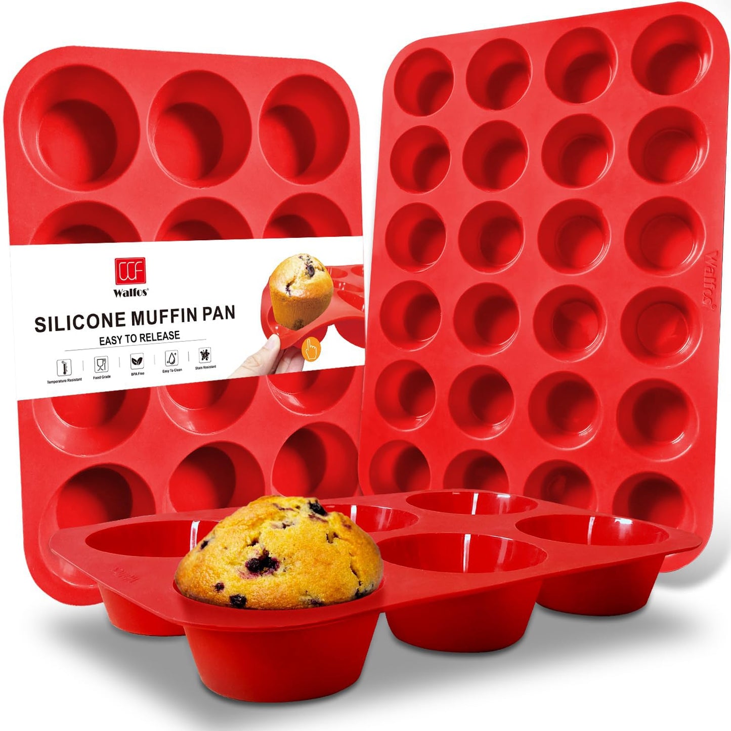 Walfos Silicone Muffin Pan - 12 Cups Regular Silicone Cupcake Pan, Non-stick Great for Making Muffin Cakes, Tart, Bread - BPA Free and Dishwasher Safe