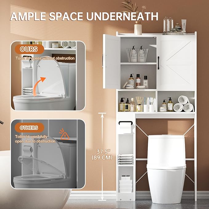 FURSUN 32" Extra Wide Over The Toilet Storage Cabinet, 7-Tier Bathroom Organizer with Metal Frame & Barn Doors, Space-Saving Farmhouse Toilet Shelf with Paper Holder & Adjustable Shelves, White