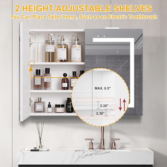 Snughome Bathroom Medicine Cabinet with Mirror and LED Lights, Wall Mount Bathroom Mirror with Storage, Anti-Fog, Built-in Power Outlets, Dimmable 3 Color Temp, Antirust Easy to Install, 31.5" x 23.6"