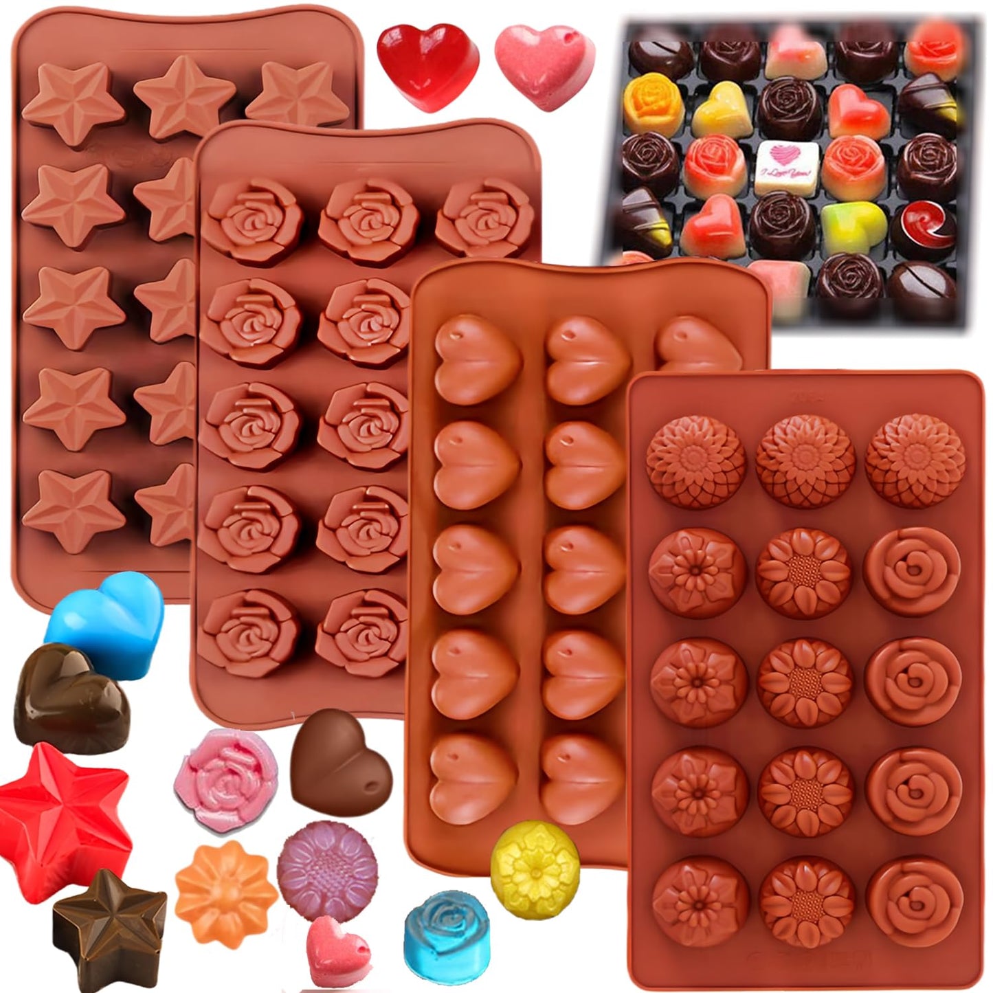 ENBRWAS Silicone Chocolate Molds 4-Pack, 60 Assorted Cavities