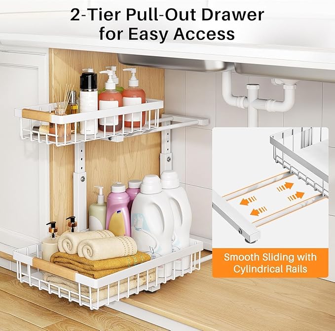 PXRACK Under Sink Organizer, Adjustable Height, 2-Pack 2 Tier Pull Out Under Cabinet Organizer, Slide Out Thickened Metal Under Sink Storage for Kitchen Bathroom Laundry Pantry Cabinet, L, White