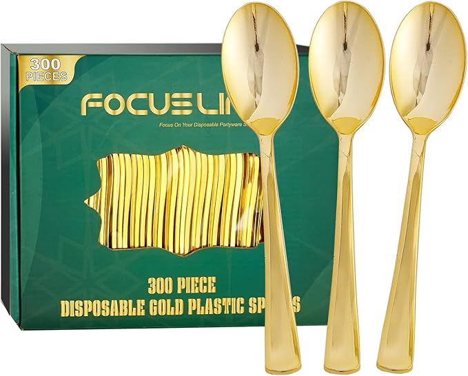 FOCUSLINE 300 Pack 6.8" Disposable Gold Plastic Spoons