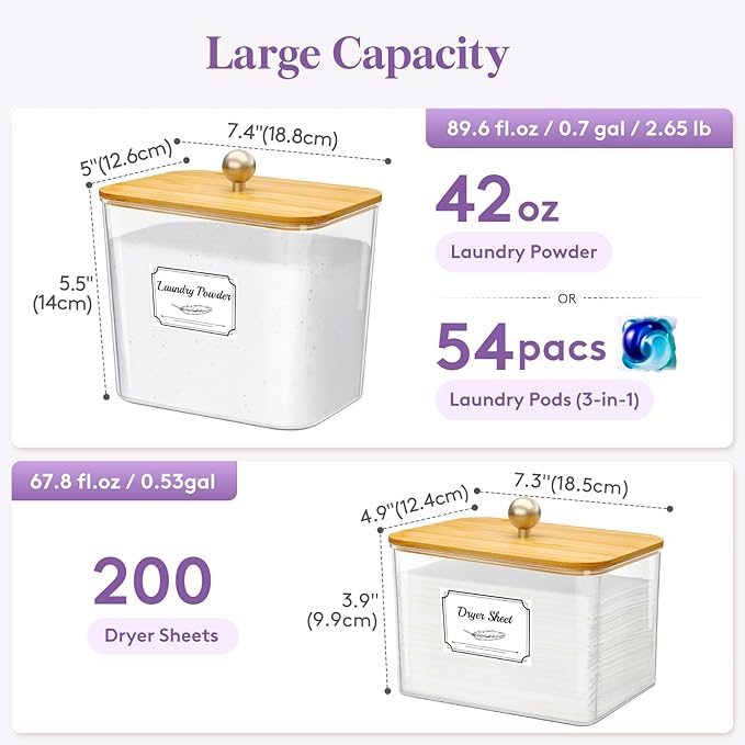 Lifewit Large Laundry Pods Container& Dryer Sheet Holder, Laundry Storage Containers, Laundry Room Organization Storage Jars for Powder, Scent Booster Beads,Bamboo Lid,0.53+0.7 gal,2 Pcs