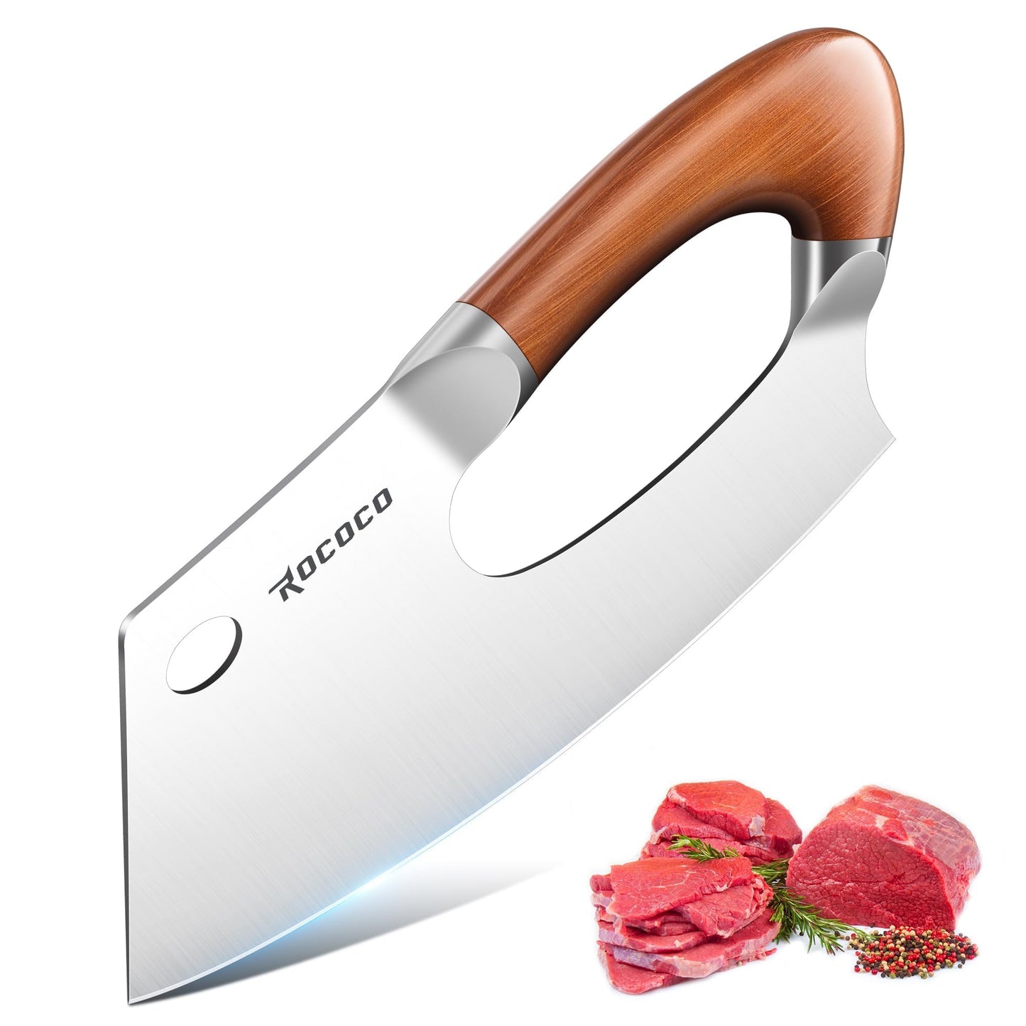 ROCOCO Effort Saving Meat Cleaver - Red Wood Easy Handle Chef Knife
