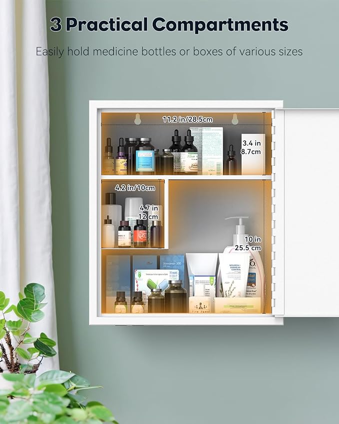 Uniclife Wall Mount Medicine Cabinet with Key Lock Locking First Aid Cabinet Lockable Medical Cabinet Large Capacity Medicine Organizer Secure Steel Wall Cabinet Metal Storage Box, White