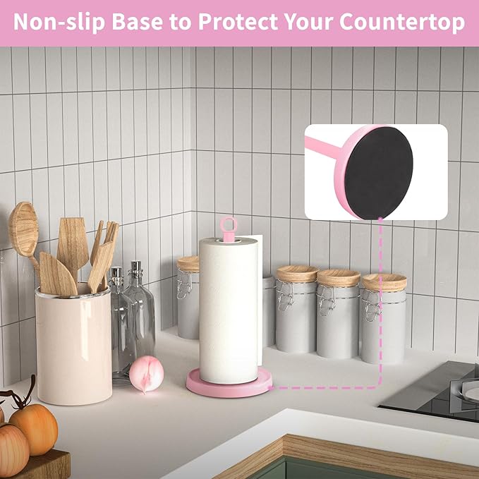 Pink Paper Towel Holder Countertop, Pink Kitchen Accessories Decor, Stainless Steel, Paper Towel Stand Holder for Bathroom Farmhouse Essentials with Weighted Base