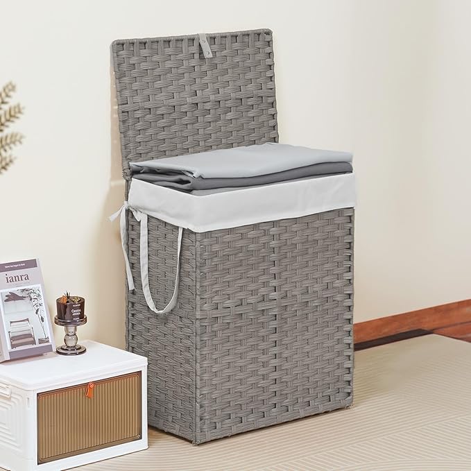 DUMOS Wicker Laundry Basket with Lid, 24 Gallon (91L) Woven Laundry Hamper with Handles, Foldable Rattan Clothes Hamper with Removable Liner & Sturdy Steel Frame, Dove Gray