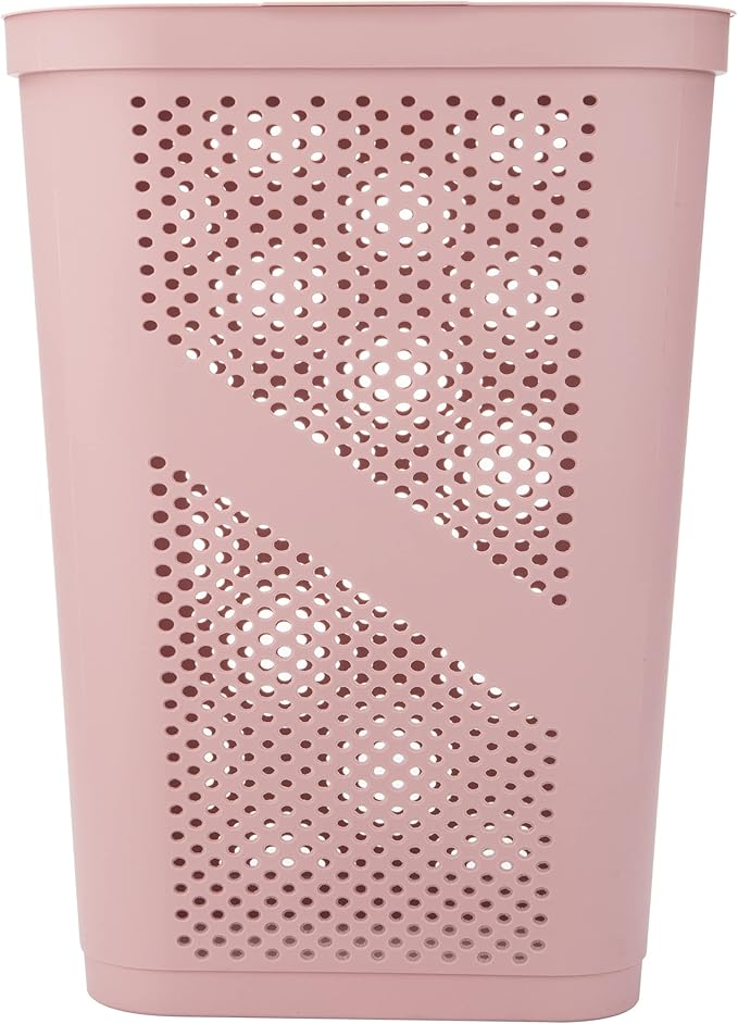 Mind Reader Slim Laundry Hamper with Lid, 60L Clothes Basket, Ventilated Plastic, Pink