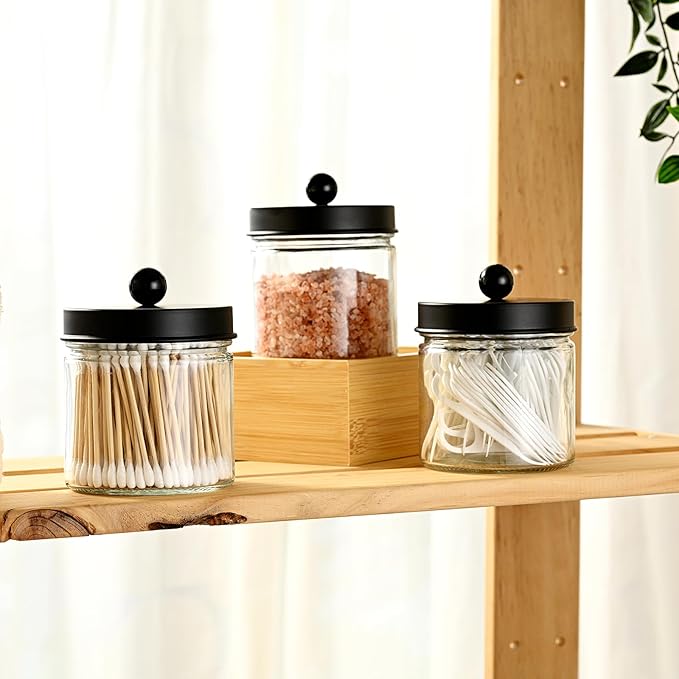 SheeChung Bathroom Organizers and Storage - 1Pack Qtip Holders Bathroom Canister Apothecary Jars for Cotton Swabs, Rounds, Balls, Qtips,Makeup Sponges, Flossers,Bath Salts - Black