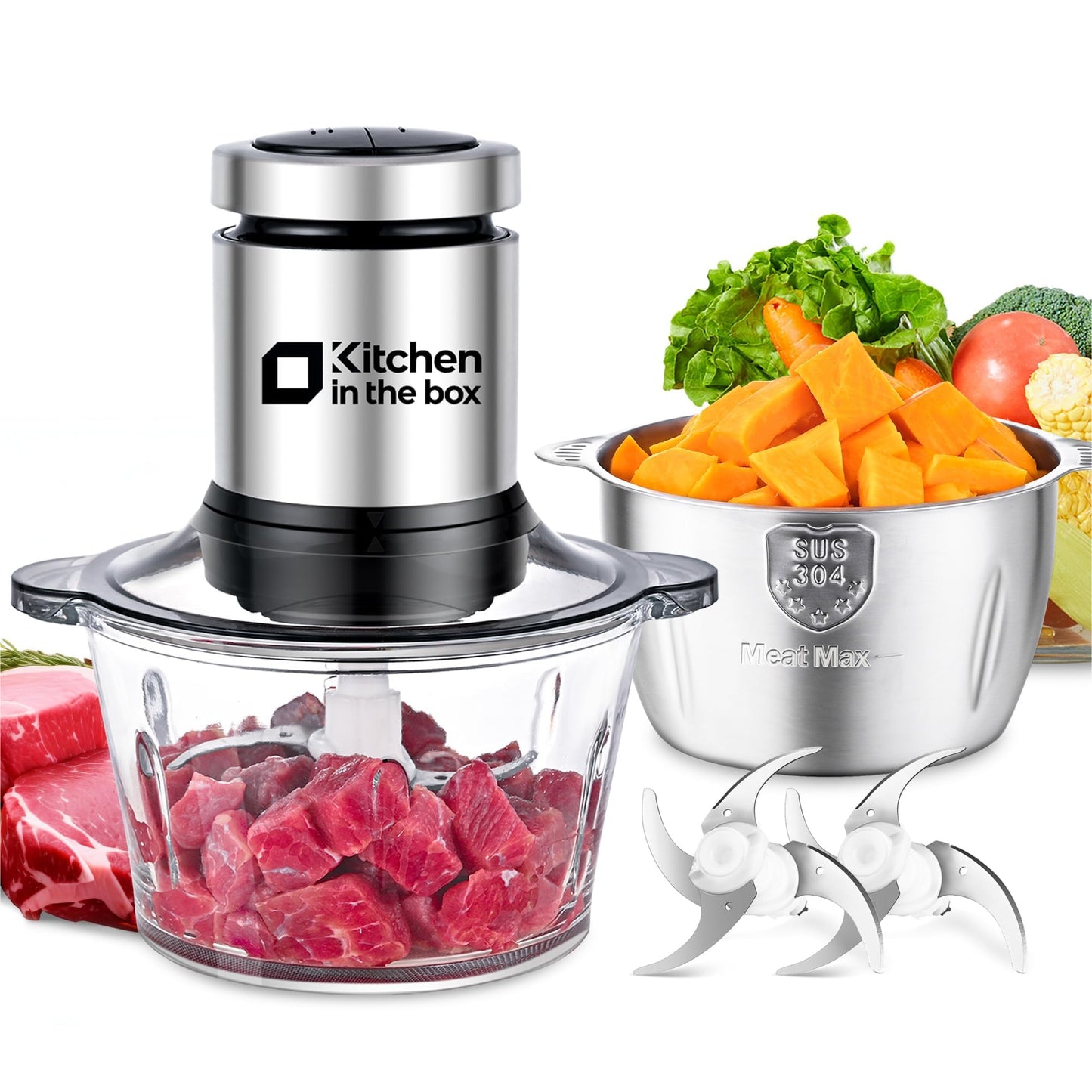 Kitchen in the box Food Processors,Small Meat Grinder & Food Chopper Electric Vegetable Chopper with 2 Bowls (8 Cup+8 Cup)& 2 Bi-Level Blades for Meat/fish/Vegetable/Baby Food,Black