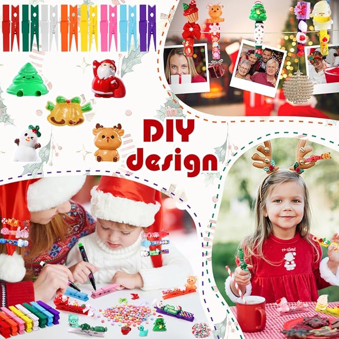 JOICEE 60 Set DIY Christmas Clothespins Kit,60 Colored Wooden Clothes Pins 111 Mini Resin Figures Bows and Stickers pens 200 Beads for Backpacks Christmas DIY Crafts Gifts Xmas Stockings Decor