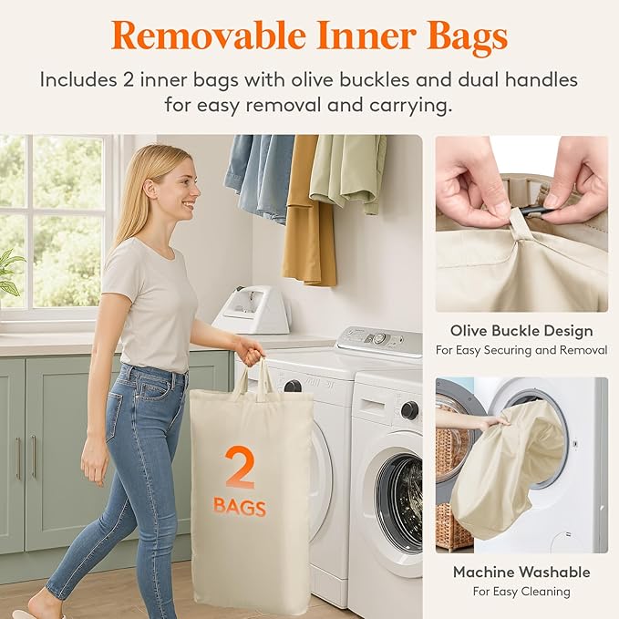 Lifewit 145L Large Laundry Basket with Lid, Laundry Hamper with Plastic Handles and Removable Bag, Foldable Tall Dirty Clothes Hampers for Laundry for Laundry Room, Bedroom, Bathroom, Dorm, Beige