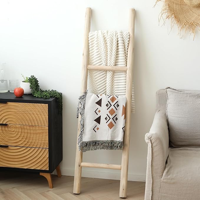 FUIN Fully Assembled 57in Wood Blanket Ladder Living Room Decorative Wall Leaning Farmhouse Quilt Display Holder Rustic Wooden Towel Rack for Bathroom, Unfinished