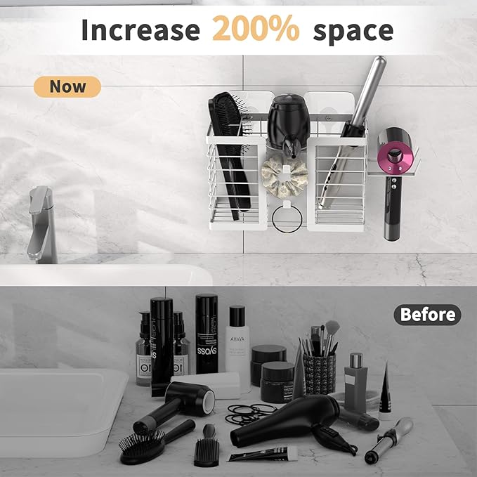 FUNKYLEE Hair Tool Organizer, 3 in 1 Metal Bathroom Blow Dryer Organizer Wall Mount for Flat Iron, Curling Iron, Straightener, Hair Care & Styling Tools Storage and Organizer (White)-2pcs