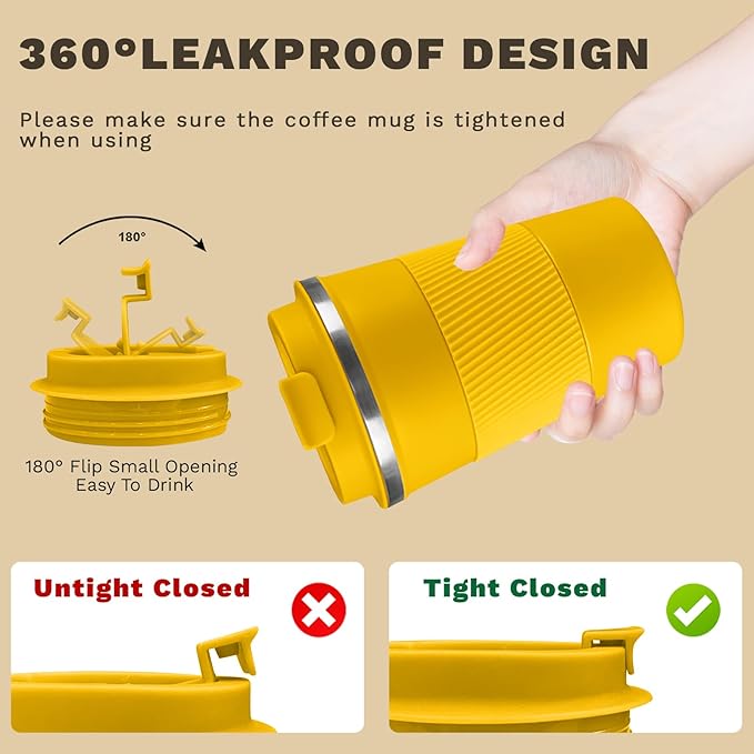 Vacuum Insulated Travel Coffee Mug, Reusable Stainless Steel Tumbler with Leak-Proof Lid, Keeps Drinks Hot or Cold for Hours, Durable Portable Cup for Men & Women (3rd-Yellow, 12oz)