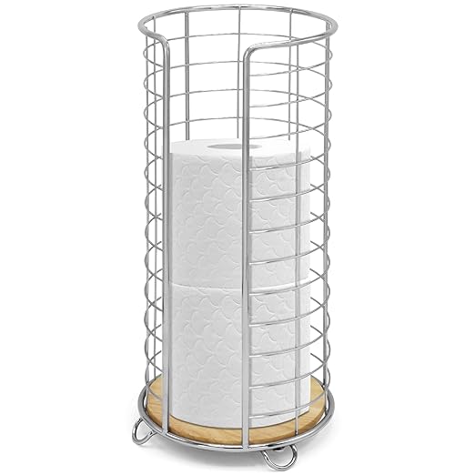 BROOKSTONE, Stylish Toilet Paper Holder with Bamboo Base, Freestanding Bathroom Tissue Organizer, Minimalistic Storage Solution, Modern Trending Design [Holds Large Rolls], Chrome…