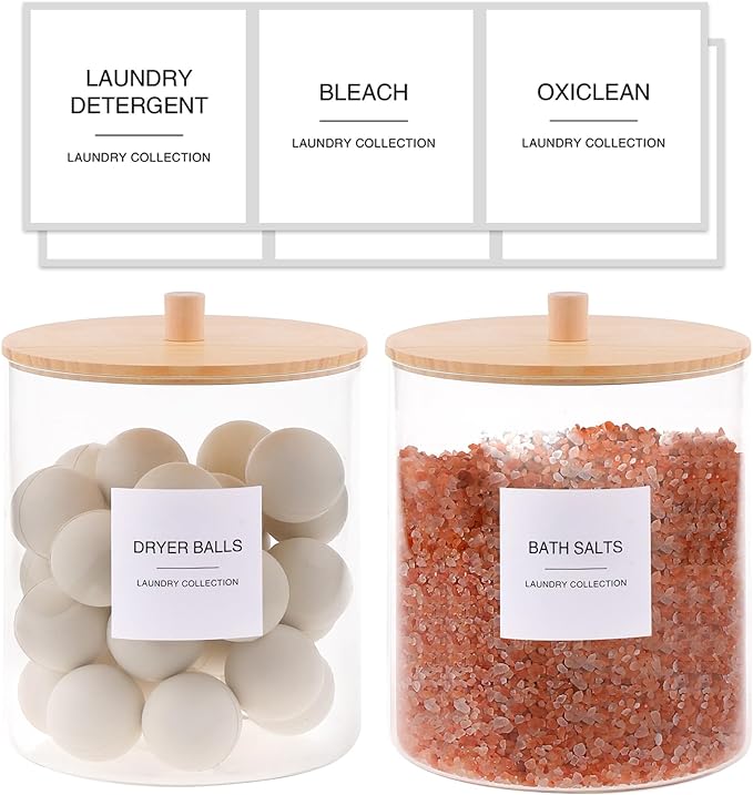 Glass Jars and Acrylic Dryer Sheet Holder, Laundry Pods Container with Bamboo Lid and 27 Labels, Powder Detergent Containers for Laundry Room Organization, Storage Jars Set (3 Pack)