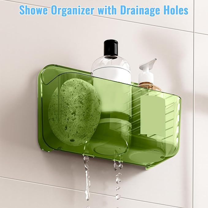 CGBE 2 Packs Cabinet Door Organizer, Acrylic Adhesive Shelf Wall Mounted Storage, Self Adhesive Shower Shelves Without Drilling, Automatic Draining Clear Shower Organizer for Bathroom (Green)