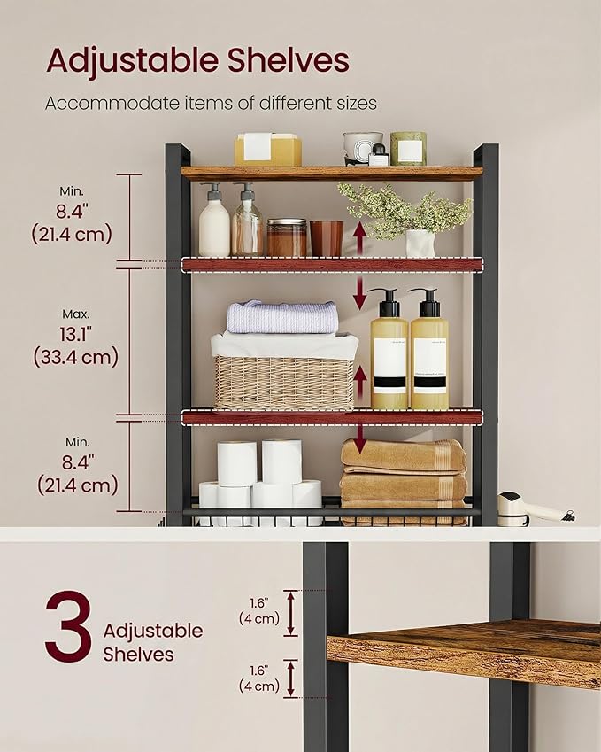VASAGLE Over The Toilet Storage, Over Toilet Bathroom Organizer with Adjustable Shelves and Basket, 3 Hooks, Space Saving, 9.4 x 23.6 x 68.1 Inches, Rustic Brown UBTS114KD01S