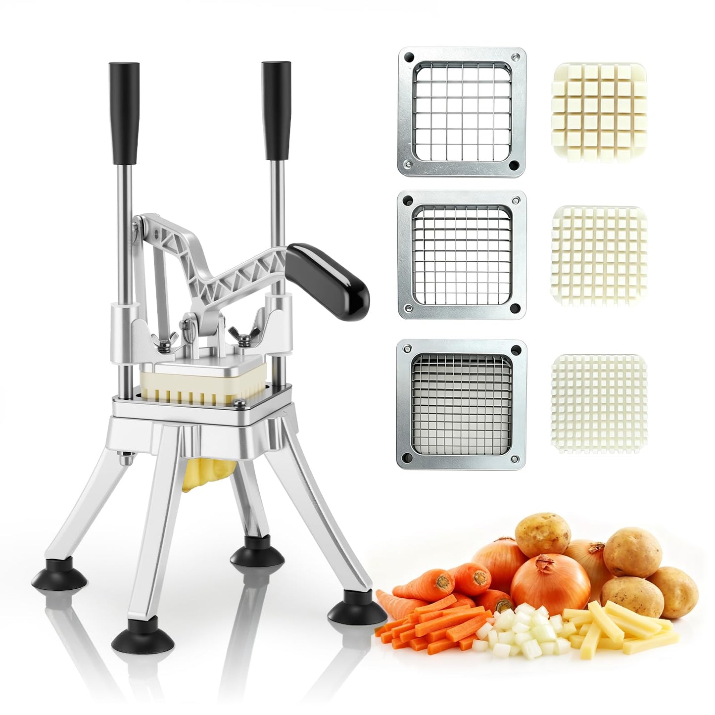 YODHOSA Commercial French Fry Cutter Stainless Steel Potato Cutter with 1/2,1/3,3/8 Inch Blade and 8-wedge balde, Heavy Duty Potato Slicer Manual Potato Chopper Set for Sweet Potato, Carrot, Cucumbers