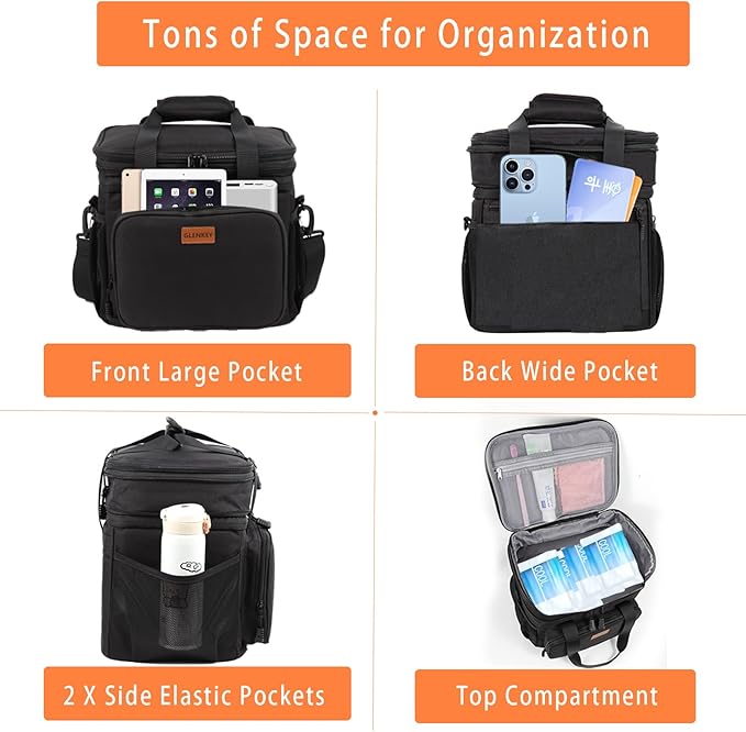 Expandable Insulated Large Lunch Box, Double Deck Heavy Duty Durable Lunch Bag Leakproof Cooler Bags for Men Women Adults Work Shift Flight Beach Daytrip, 20 Can, Black, GLENKEY