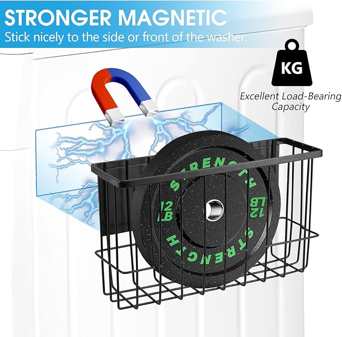 Magnetic Laundry Room Organizer Rack – Matte Black Storage Shelf for Washer or Dryer Side – Magnetic Mount, No Drill – Includes 4 Utility Hooks – Holds Detergent, Dryer Balls, Supplies