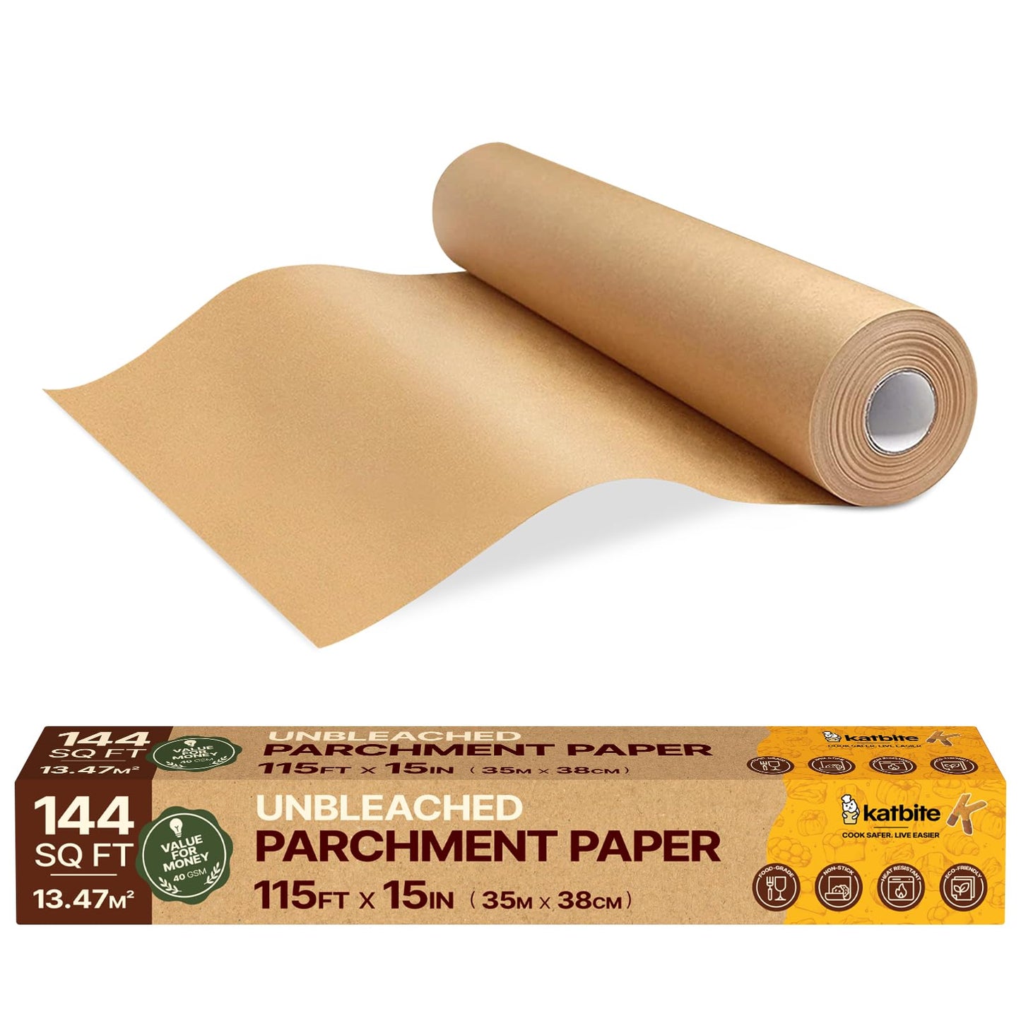 Katbite Heavy Duty Parchment Paper Roll, 15 in x 115 ft, 145 Sq Ft, White