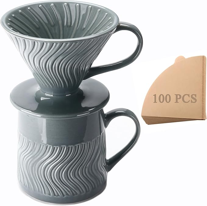 Polydremio Pour Over Coffee Maker with 100 Sheets of Paper Filter, 15 oz Ceramic Coffee Mug & Coffee Dripper, 1 Cup-Single brew coffee set, Grey