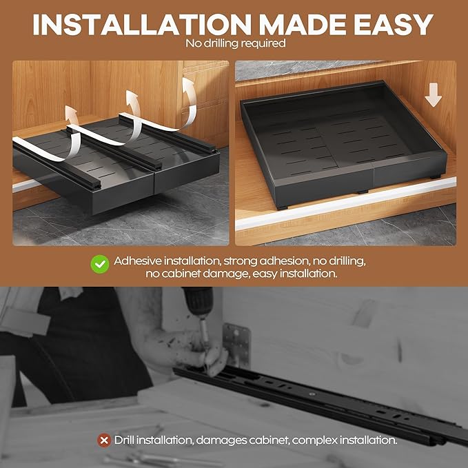 2Pack Expandable Pull Out Cabinet Organizer 21"Deep with Raising Pad for Framed Cabinets, Upgrade 3 Slide Rails Slide Out Drawers, Roll Out Shelves Adhesive,Adjustable Width 12.05"-20.4"Black