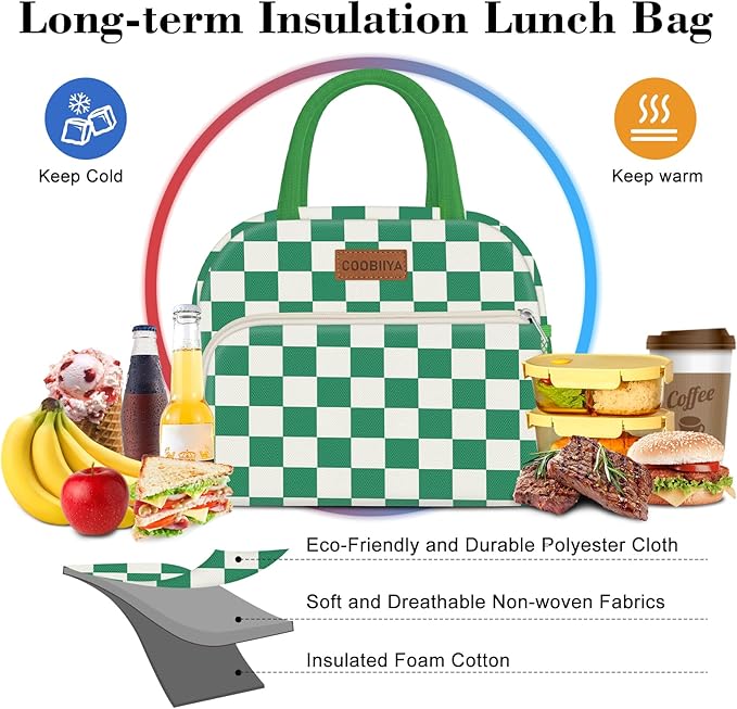 Coobiiya Lunch Bag Lunch Box for Women Men, Cute Lunch Tote Bags Insulated Reusable LunchBags Large Capacity Cooler Bag for Work Travel Picnic adults