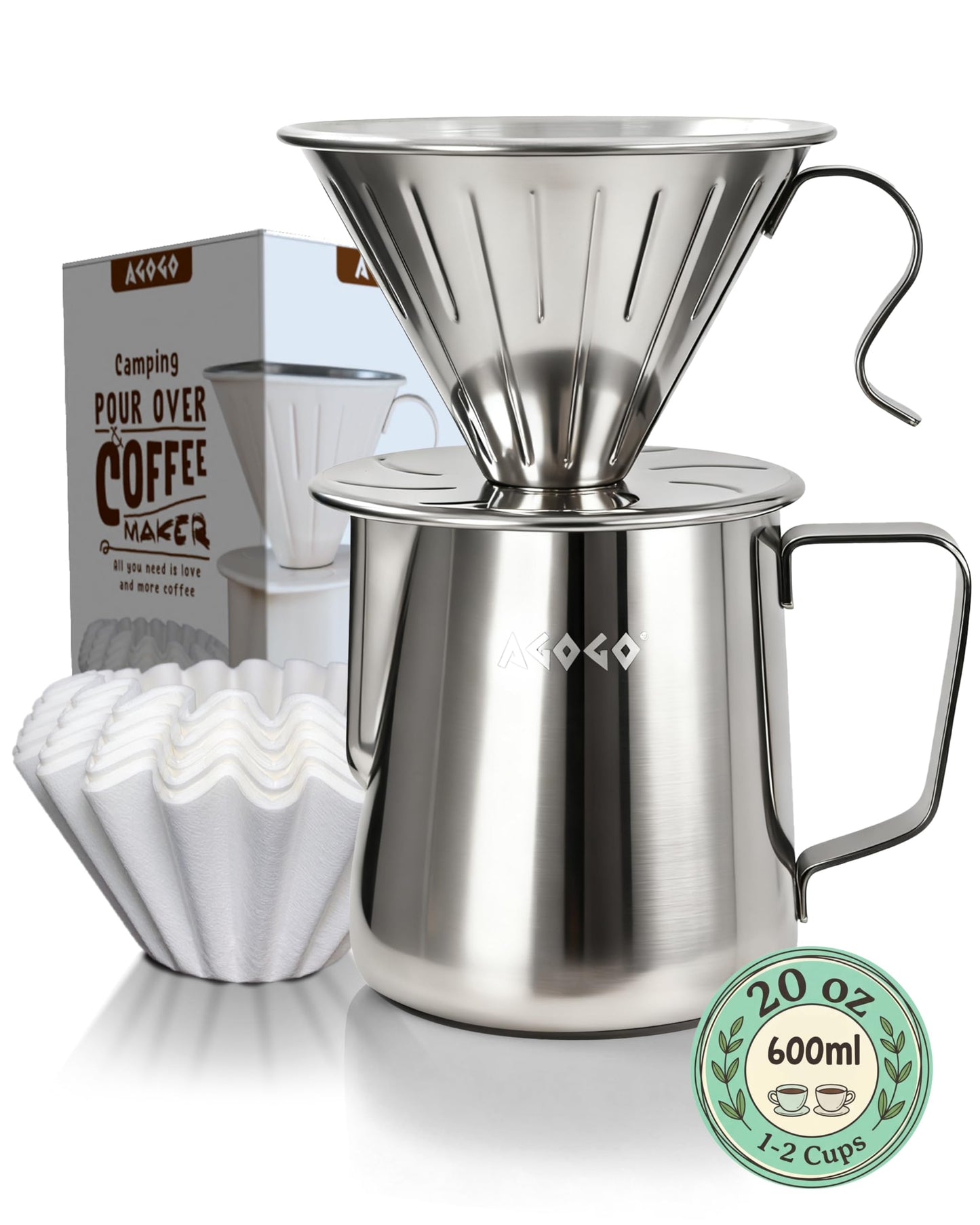 AGOGO Stainless Pour Over Coffee Maker Set, 50 Paper Filters, 20oz, Black
