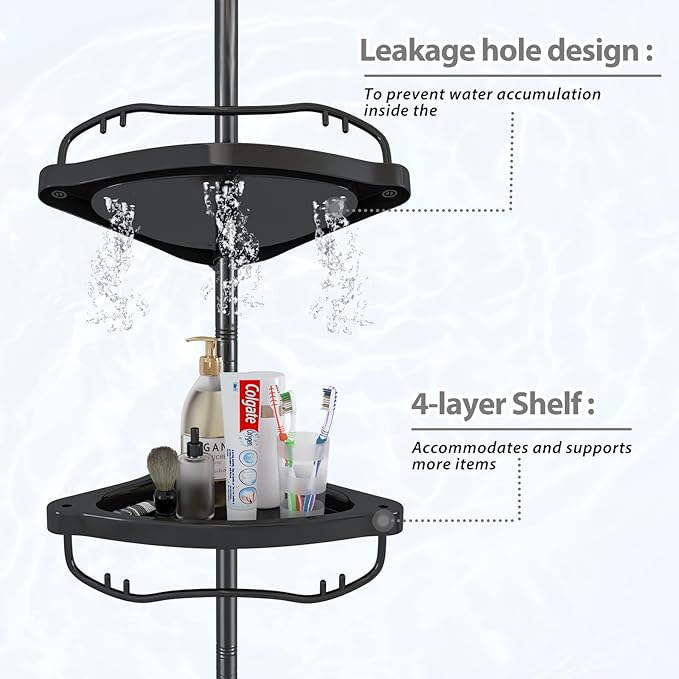 Shower Caddy,Shower Caddy Tension Pole with 4 ABS Baskets,Shower Storage Shelf with 56 to 125 Inch Adjustable Stainless Pole for Bathroom Black