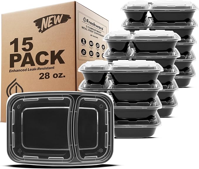 Freshware Meal Prep Containers with Lids [15 Pack] 3 Compartment, Food Storage Containers, Bento Box, BPA Free, Stackable, Microwave/Dishwasher/Freezer Safe (32 oz)