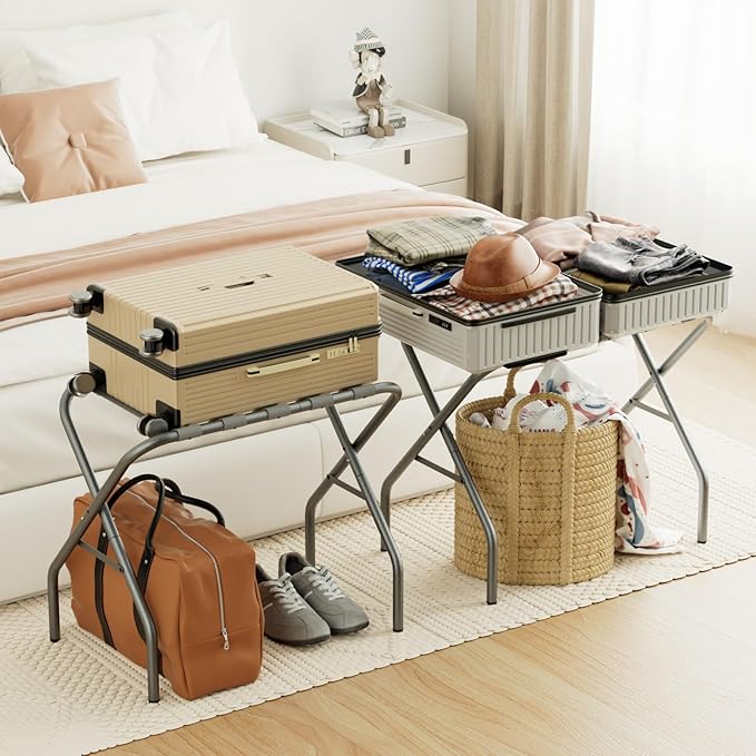 AMHANCIBLE Luggage Rack, Foldable Suitcase Stands Set of 2, Metal Luggage Holder for Guest Room, Bedroom, Hotel, Holds up to 110 lb, Easy Assemble, Grey,HLR01GY
