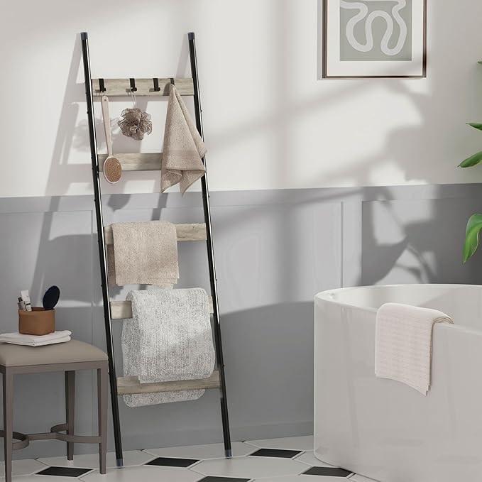 Blanket Ladder, 5-Tier Towel Holder with 4 Removable Hooks, Farmhouse Wall Leaning Decorative Rack Shelf, Wooden Towel Display Rack, Quilt Ladder for Living Room, Bedroom, Greige
