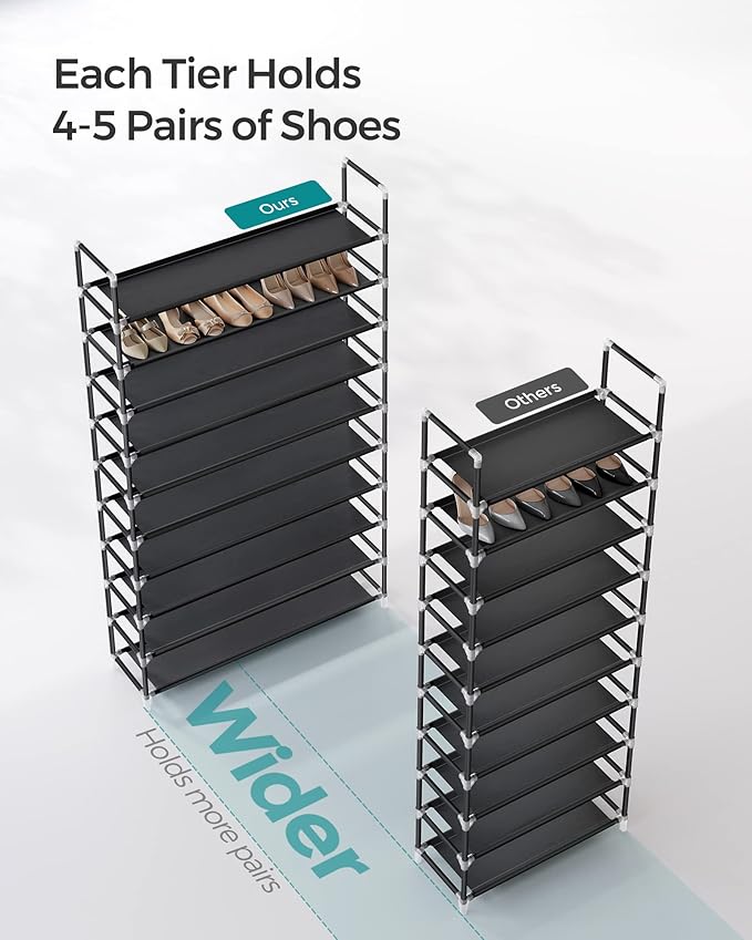 SONGMICS Shoe Rack, 10-Tier Shoe Shelf, Shoe Storage Organizer, 11 x 37 x 68.9 Inches, Metal Frame, Non-Woven Fabric Shelves, for Entryway, Bedroom, Black ULSH11H