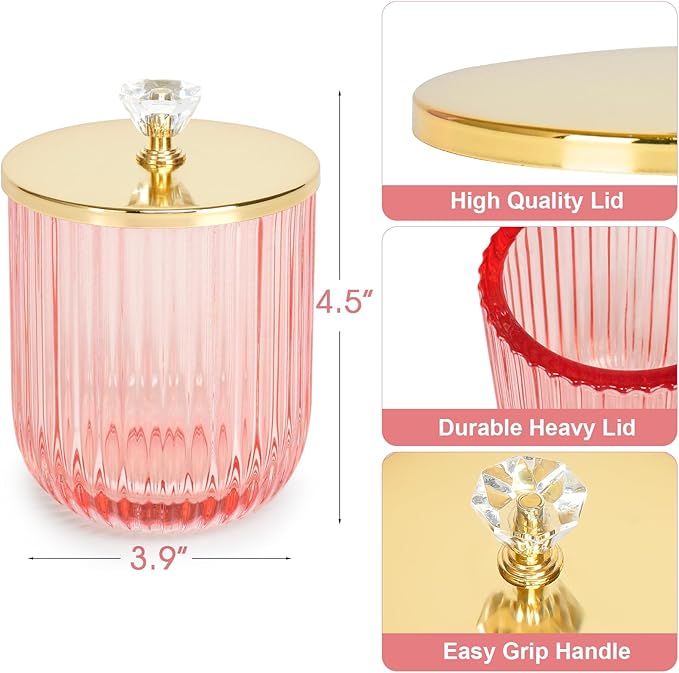 2PCS Qtip Holder Dispenser Set, Cute Glass Apothecary Jars with Lid, Pink Cotton Ball Pad Round Container Holders and Vanity Canister Storage Jar for Makeup Sponges, Floss, Hair Accessories