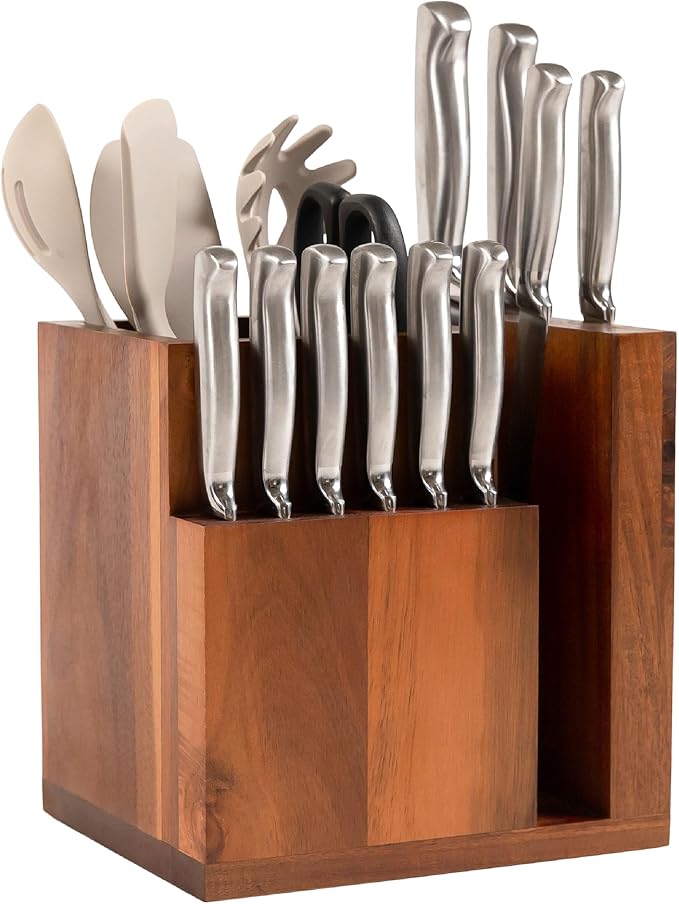 KitchenEdge Magnetic Knife Block & Utensil Holder, Acacia