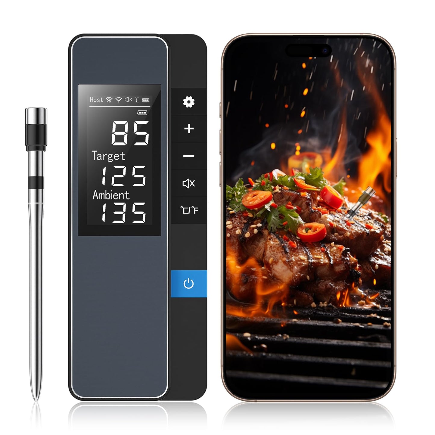 Smart Bluetooth Wireless Meat Thermometer, Real-Time Monitoring Control Digital Thermometer with Smart App, 2 Meat Probes IP67 Waterproof High Accuracy Perfect for BBQ, Oven, Grill & Smoker