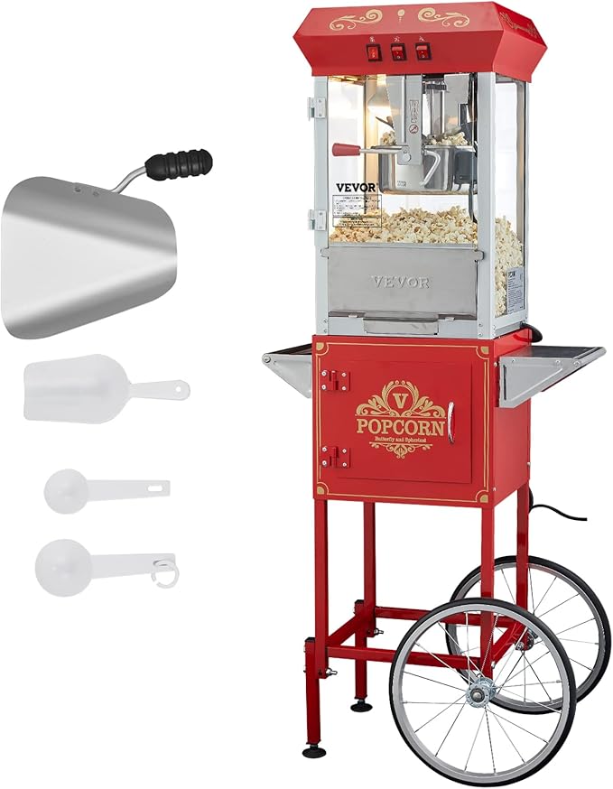 VEVOR Commercial Popcorn Machine, 12 Oz Kettle, 1440 W Countertop Popcorn Maker for 80 Cups per Batch, Theater Style Popper with 3-Switch Control Steel Frame Tempered Glass Doors 1 Scoop 2 Spoons, Red