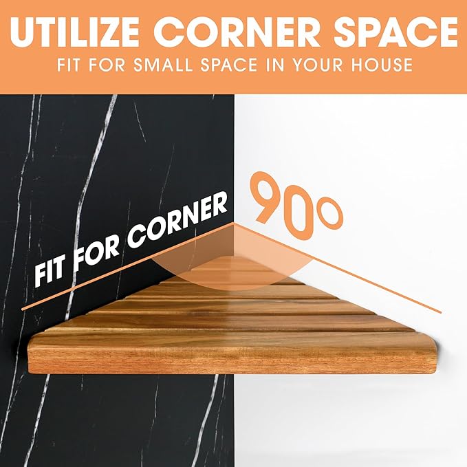 ENKEZI Acacia 2,3 Tiers Corner Shower Shelf, Triangular Corner Shelf Wooden Bathroom Shelf for Tiled Wall, Shower Corner Shelf, No Drilling Requied (2)