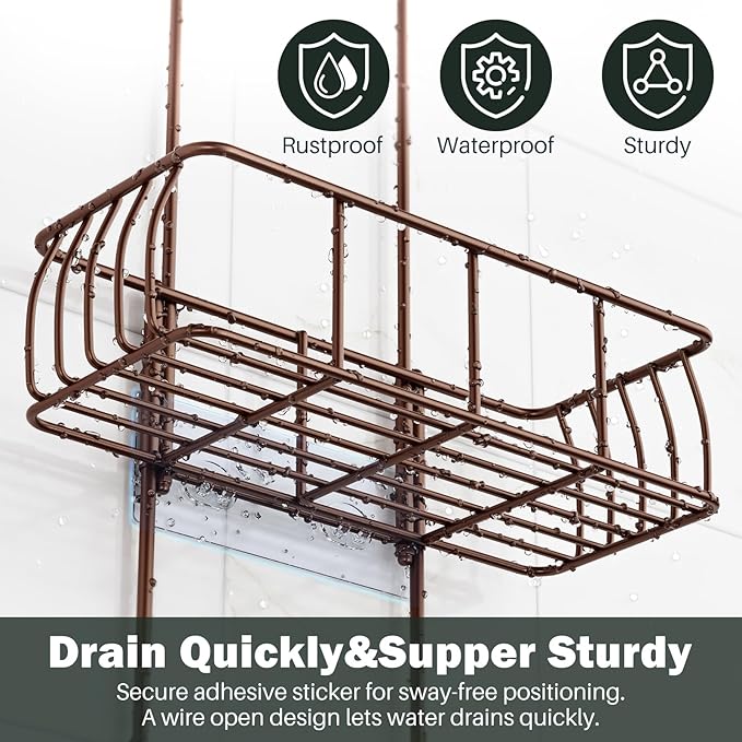 Epicano Shower Caddy Hanging, Anti-Swing Over Head Shower Caddy Rustproof with hooks for Towels, Sponge and more, Bronze