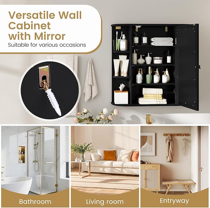 Tangkula Bathroom Medicine Cabinet with Mirror, Modern Wall Mounted Space-Saving Storage Organizer with Mirrored Door, 4 Internal Shelves & 6 Open Side Shelves, Bathroom Wall Cabinet (Black)