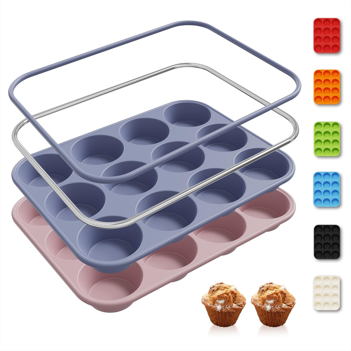2 Pack 12 Cups Silicone Muffin Pan with Metal Reinforced Frame Regular Size Silicone Molds Cupcake Cake Baking Pans Cookie Baking Chocoflan Cupcake Mold Kitchen Baking Mold Tools for Cooking
