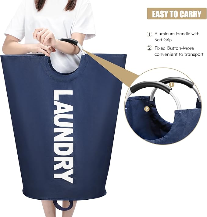 90L Large Laundry Basket, Freestanding Tall Clothes Hamper, Collapsible Laundry Bag, Dark Blue