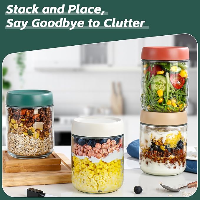 DIMBRAH Overnight Oats Containers with Lids,16oz Glass Jars with Lids - Set Of 4, Practical Oatmeal Container to Go, Chia Seed Pudding Jars, Baby Food Containers