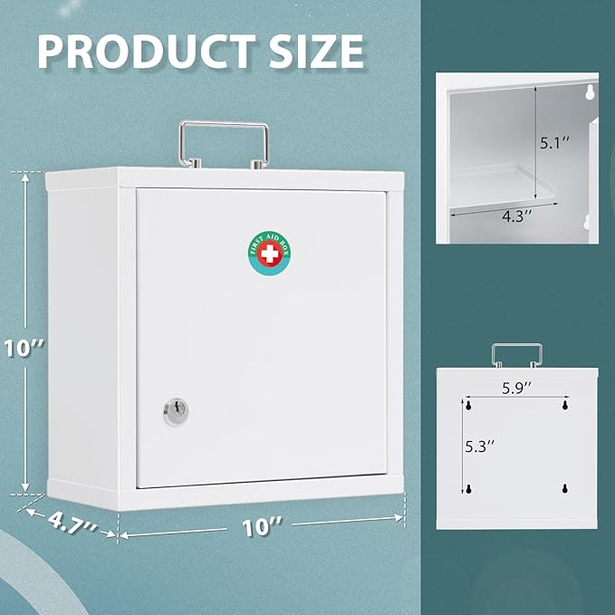 KYODOLED Locking Medicine Cabinet, Medication Lock Box with Key, Wall Mount Medical Cabinet for Safe Medication Storage, 10 * 4.7 * 10 Inch, White