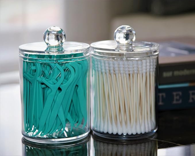 4 Pack Qtip Holder Storage Canister for Cotton Ball, Cotton Swab, Pads, Floss; 10-Ounce Clear Plastic Apothecary Jar with Lid, Bathroom Makeup Organizer (4)