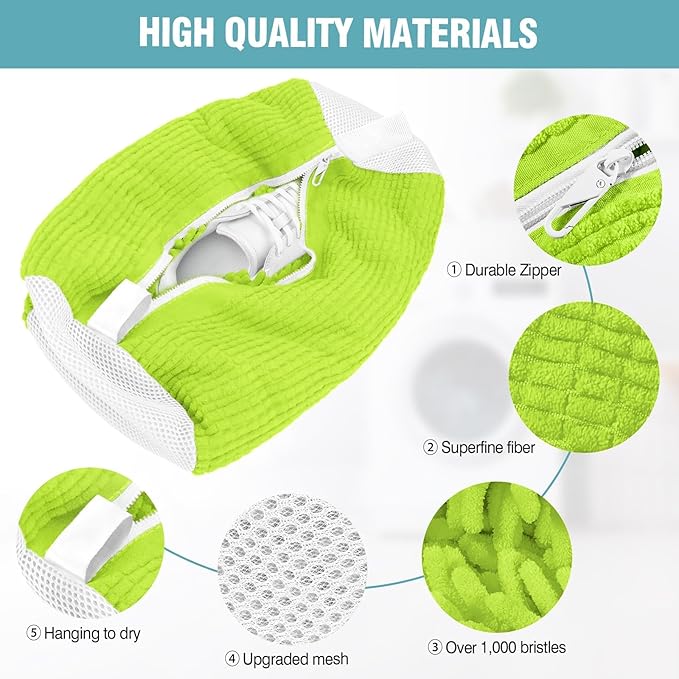 Shoe Washing Machine Bag, Shoe Laundry Bag for Washer and Dryer, Include Dry Net Bag, Reusable and Durable Zipper with Hook Design, Shoe Washing Bag for Sneaker (Green, 2 Pack)