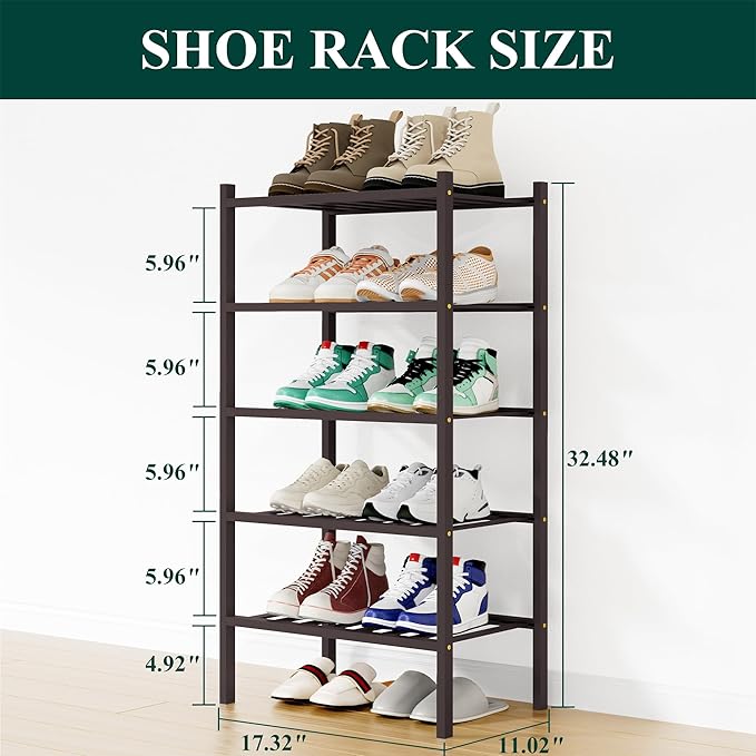 Smiry Shoe Rack, 5 Tier Small Bamboo Shoe Organizer, Stackable Free Standing Wooden Shoe Storage Shelf for Closet, Entryway, Front Door Entrance, Brown